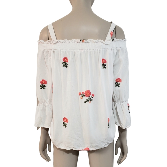 Maurice Womens XS Embroidered Boho Peasant Top Cold Shoulder White Ruffle Sleeve - Picture 2 of 8